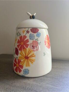 Kohl's White Ceramic Floral Canister with Bee Lid - Yellow, Red, Blue